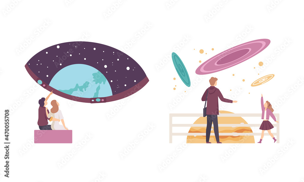 People Character Visiting Planetarium Learning about Astronomy and Night Sky Vector Set