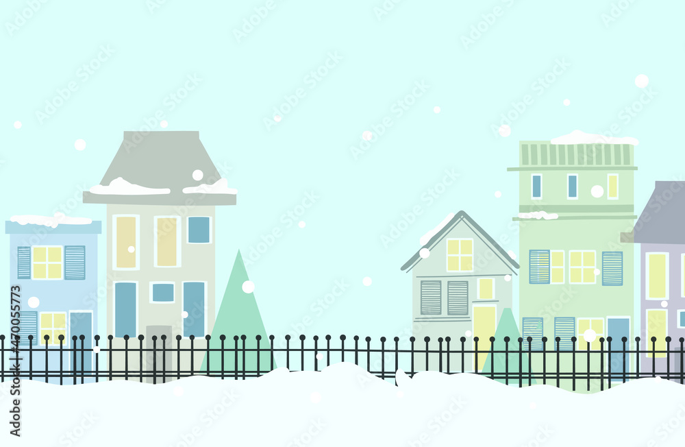 Vector illustration of winter city park with snow and big modern city background. Christmas winter city skyline. Cute styled modern flat vector illustration background scene.