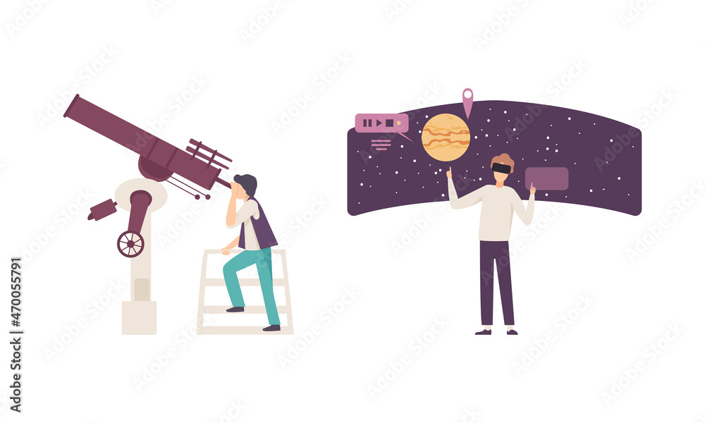 Man Character Visiting Planetarium Learning about Astronomy and Night Sky Vector Set Man Character Visiting Planetarium Learning about Astronomy and Night Sky Vector Set