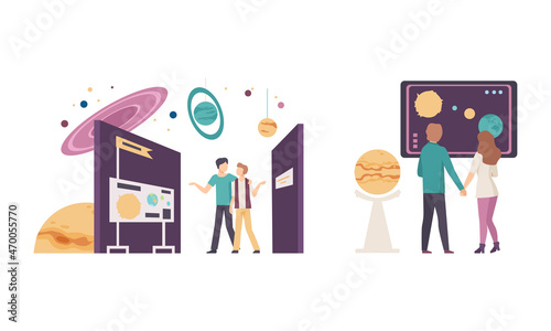 People Character Visiting Planetarium Learning about Astronomy and Night Sky Vector Set