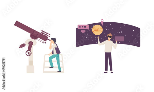 Man Character Visiting Planetarium Learning about Astronomy and Night Sky Vector Set