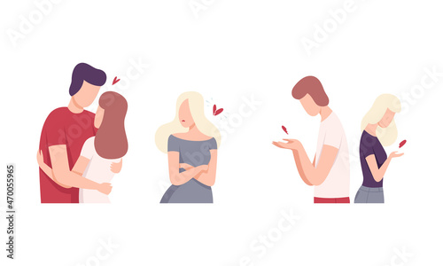 Man and Woman Experiencing Unrequited Love Feeling Vector Set