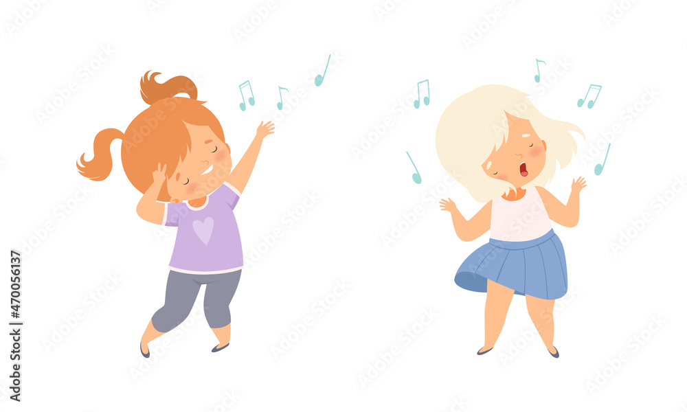 Little Kids Dancing to Music Rhythm and Singing Vector Set Little Kids Dancing to Music Rhythm and Singing Vector Set