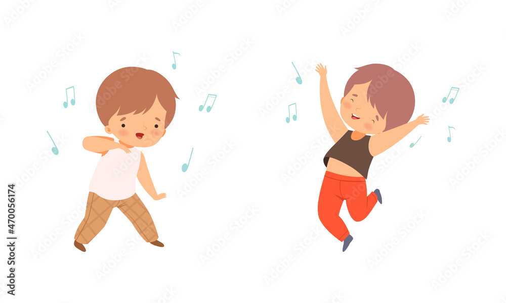 Little Kids Dancing to Music Rhythm and Singing Vector Set Little Kids Dancing to Music Rhythm and Singing Vector Set