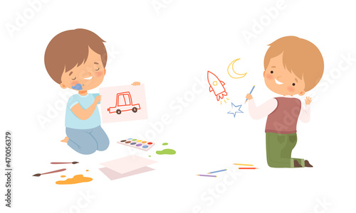 Little Boy Drawing on Paper and Wall with Colored Pencil and Paints Vector Set