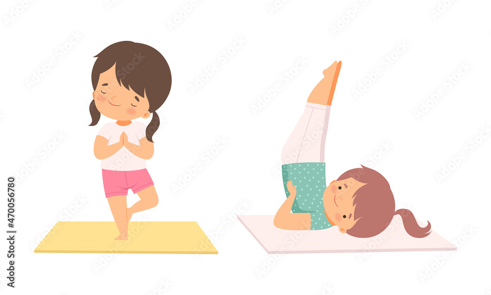Cute Girl Doing Yoga Standing in Asana on Mat Vector Set Cute Girl Doing Yoga Standing in Asana on Mat Vector Set