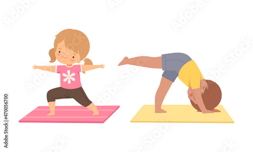 Cute Boy and Girl Doing Yoga Standing in Asana on Mat Vector Set