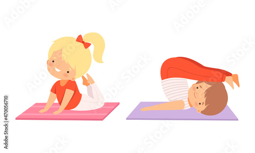 Cute Boy and Girl Doing Yoga Standing in Asana on Mat Vector Set