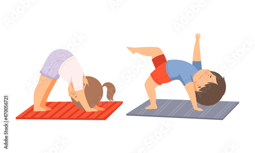 Cute Boy and Girl Doing Yoga Standing in Asana on Mat Vector Set