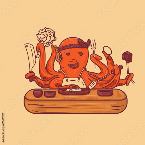 An illustration of an octopus character that is very versatile, starting from cooking, vlogging by utilizing all of its tentacles