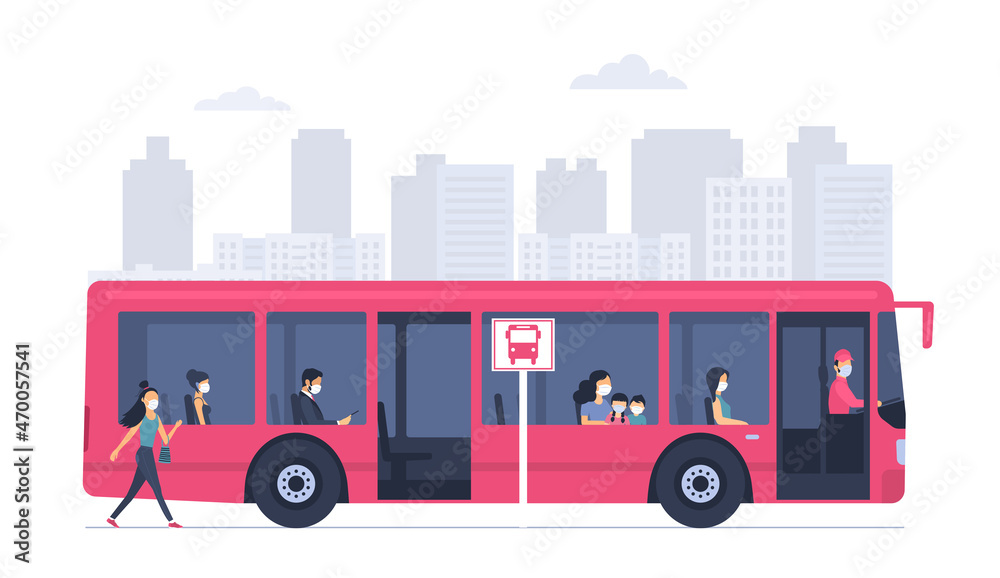 City bus with passengers in medical masks against the background of an abstract cityscape. Vector illustration.