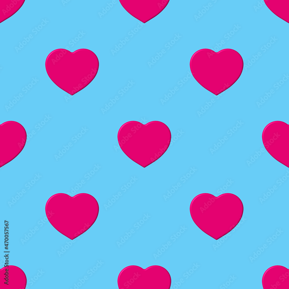 Seamless pattern. Pink heart on pastel blue backgrounds. symbol of love. Template for application to surface. 3d image. 3d rendering