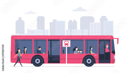 City bus with passengers in medical masks against the background of an abstract cityscape. Vector illustration.