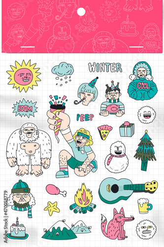 Hand drawn winter character stickers collection vector