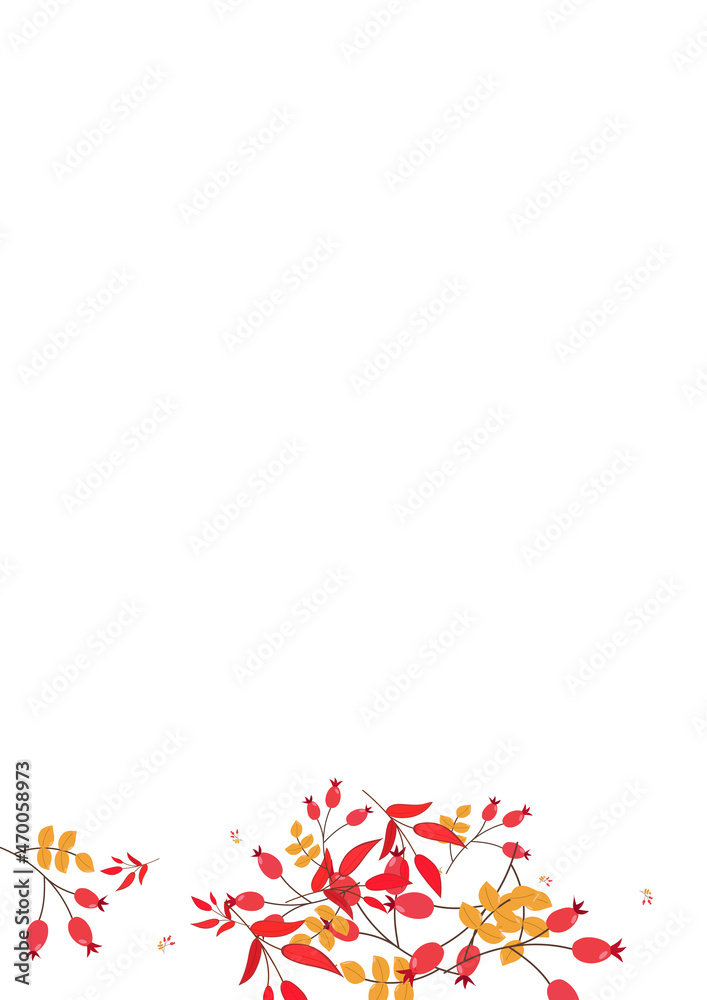 Burgundy Leaves Background White Vector. Herb Wood Illustration. Yellow Foliage Fly. Outline Design. Berries Realistic.