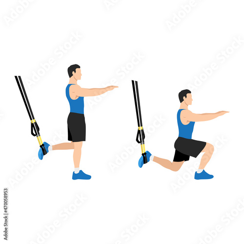 Man doing TRX Suspension straps suspended lunges exercise. Flat vector illustration isolated on white background