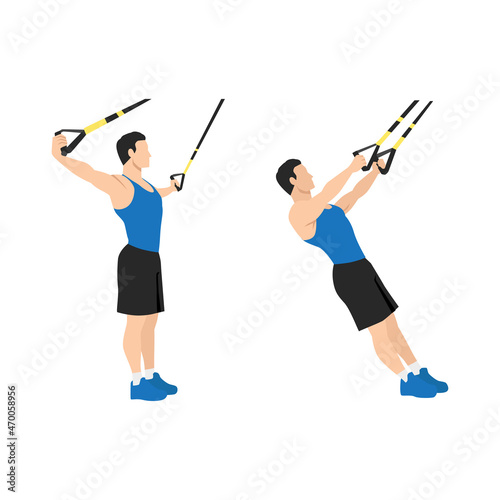 Man doing TRX Suspension strap T Flyes exercise. Flat vector illustration isolated on white background