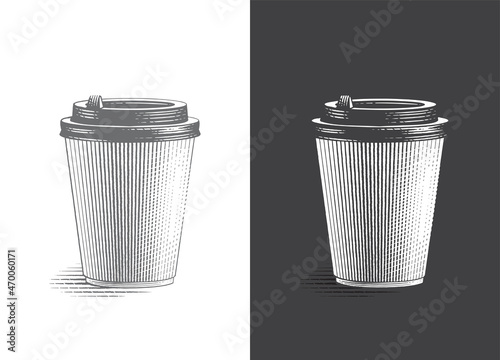 Coffe paper cup takeaway Hand drawing sketch engraving illustration style