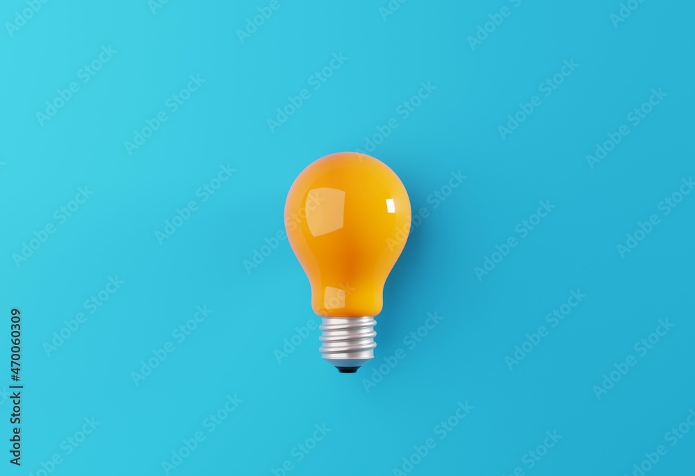 Yellow light bulb on bright blue background. Minimalist concept, creative idea concept, isolated lamp.,3d illustration Yellow light bulb on bright blue background. Minimalist concept, creative idea concept, isolated lamp.,3d illustration