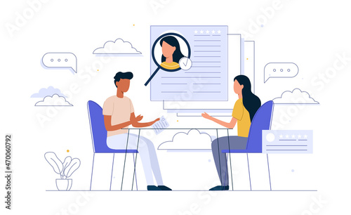 HR specialist having an interview with job applicant. Negotiation. Meeting. Man and Woman Characters Having Business Conversation. Employment process. Flat Vector Illustration