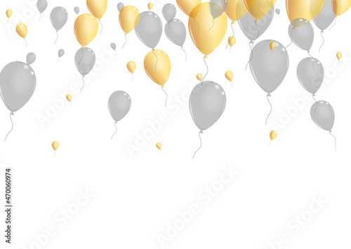 Gold Baloon Background White Vector. Confetti Concept Banner. Gray Inflatable Balloon. Balloon Glossy Background.