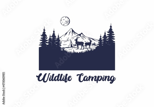 Vintage wildlife camping illustration drawing