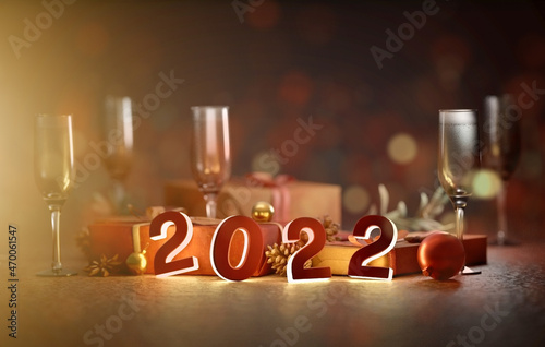2022 new year composition with christmas holidays decoration - 3d rendering