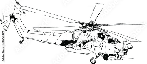 a large military helicopter with missiles and machine guns, attacking the target, a hand-drawn realistic sketch of the loy logo and design photo