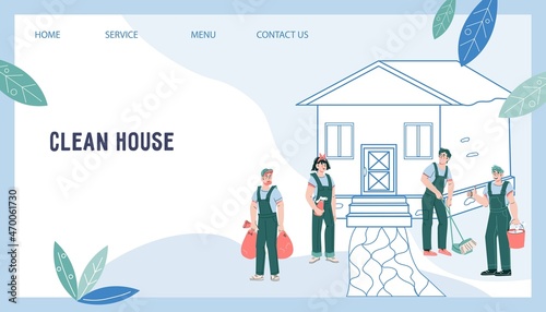 Cleaning service website banner or presentation web page design. House and garden cleaning and maintenance services, flat cartoon vector illustration.