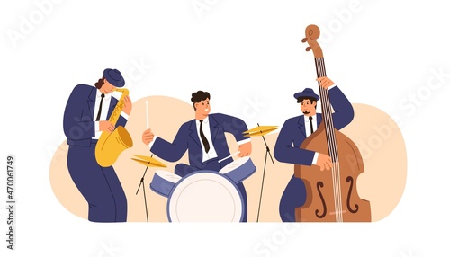 Jazz band with saxophone, drum kit and double bass. Musicians men in suits playing blues. Drummer, saxophonist and cello player with instruments. Flat vector illustration isolated on white background
