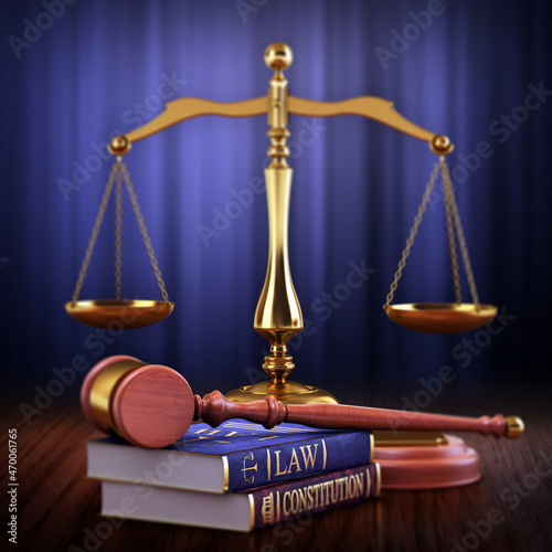 Justice concept, scales, gavel, law and constitution books