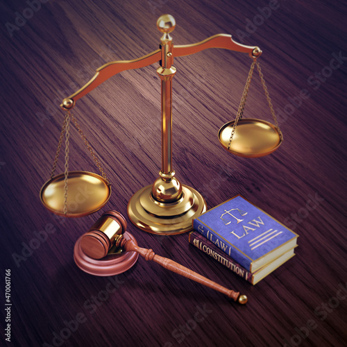 Justice concept, scales, gavel, law and constitution books