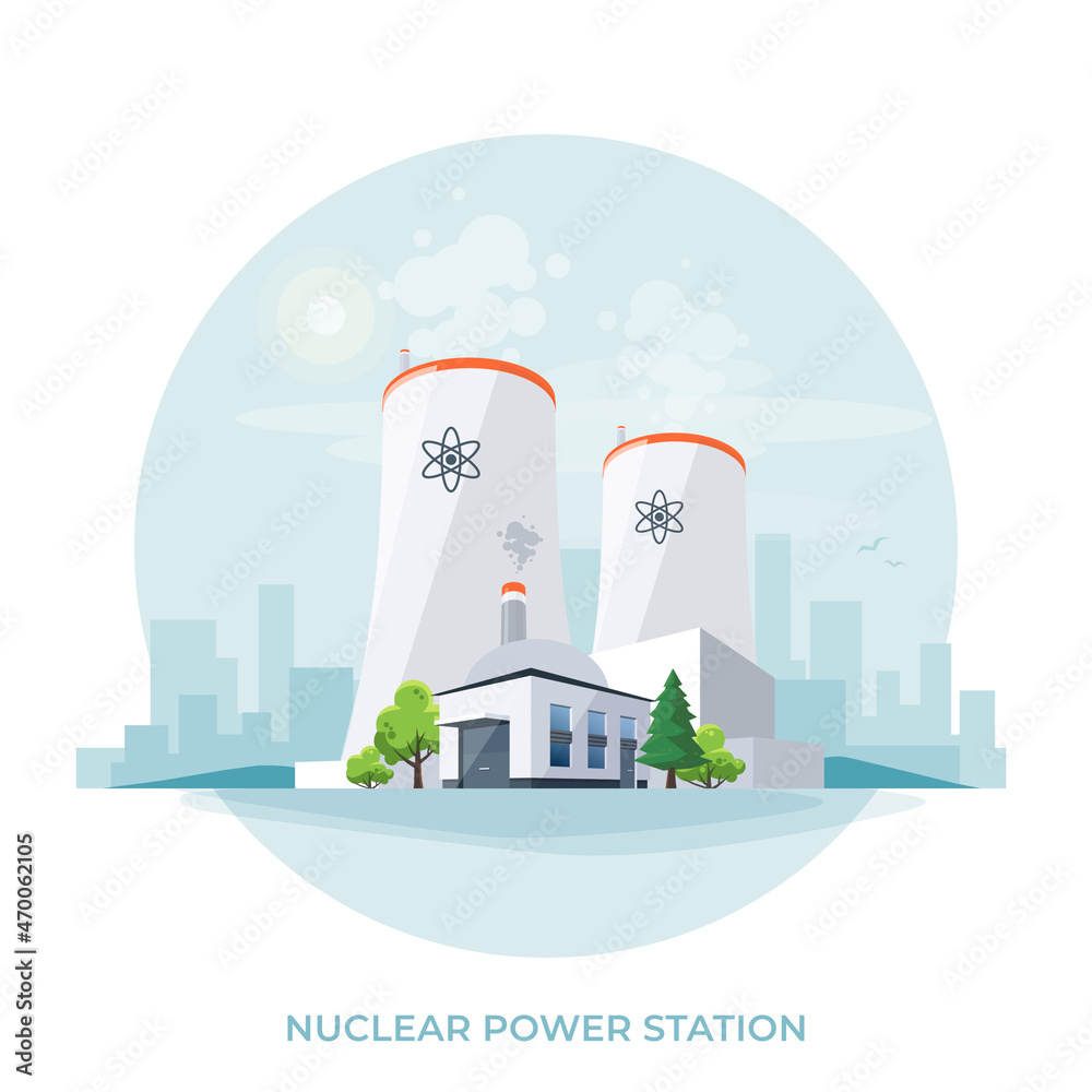 Nuclear reactor power plant station. Electric radioactive factory energy generation with cooling towers and buildings. Atomic electricity generator. Isolated vector illustration on white background.