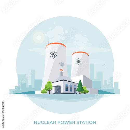 Nuclear reactor power plant station. Electric radioactive factory energy generation with cooling towers and buildings. Atomic electricity generator. Isolated vector illustration on white background.