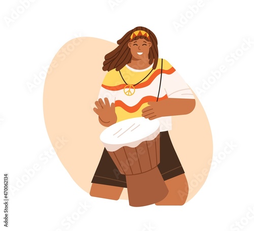 Happy person playing ethnic African music with jembe. Man musician. Africa drum player with djembe, traditional percussion instrument. Colored flat vector illustration isolated on white background