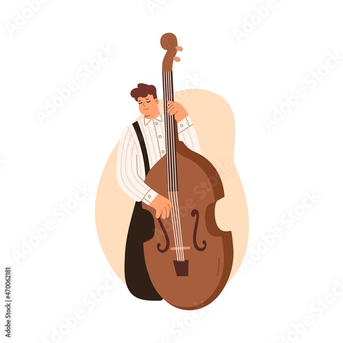 Double bass player standing with big string instrument, playing classical music with fingers. Man musician. Professional contrabassist in shirt. Flat vector illustration isolated on white background