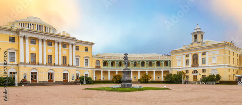 Monument to emperor Paul I in front of Pavlovsk Palace, summer palace of emperor Paul I in Pavlovsk, St Petersburg region, Russia