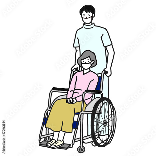車椅子の女性と看護師のベクターイラスト