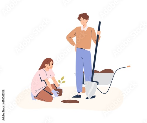 People planting tree sprout into soil in garden. Couple of man and woman caring and cultivating sapling. Seedling cultivation and replanting. Flat vector illustration isolated on white background