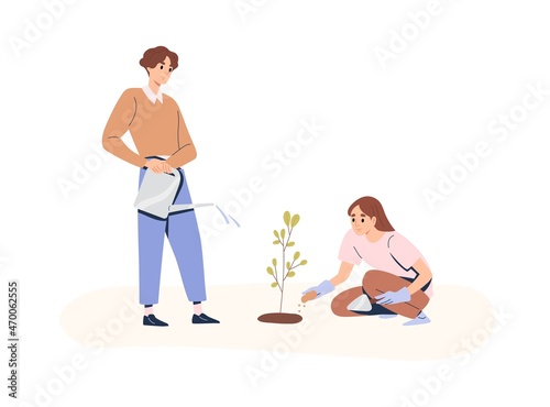 People care about plant. Couple of volunteers cultivating sapling, watering it and fertilizing soil. Man and woman work in garden together. Flat vector illustration isolated on white background