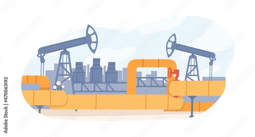 Gas and oil pipeline. Petrochemical plant with pipes, barrels, valves, petroleum tanks and drilling rigs. Heavy industry equipment. Flat vector illustration of refinery isolated on white background