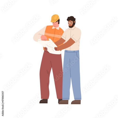 Constructor and inspector with building project. Builder worker and manager discussing drawing. Foreman and engineer with construction plan. Flat vector illustration isolated on white background