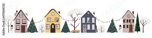 Vector illustration of winter street. Urban landscape with cute houses, trees in snow and christmas garlads, snowman. Flat buildings isolated on white background.