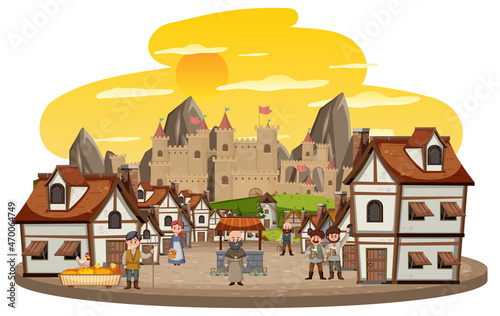 Medieval village with villagers on white background