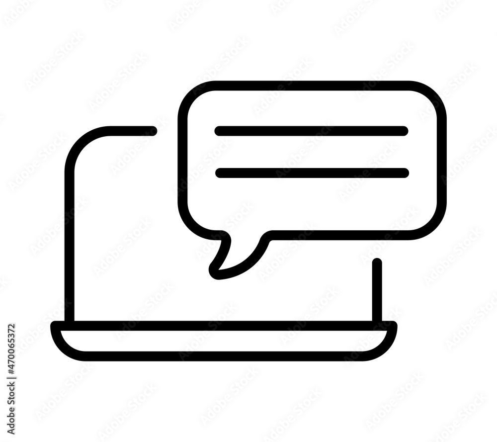 Chatting icon in device. Human talking with talk bubble on pc, phone and notebook. Black stroke isolated on white background. Vector chat pictogram eps10 Chatting icon in device. Human talking with talk bubble on pc, phone and notebook. Black stroke isolated on white background. Vector chat pictogram eps10
