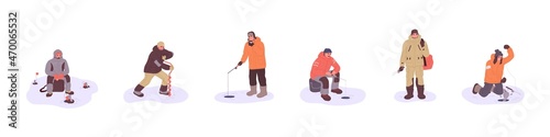 People at winter ice fishing set. Fishers catching fish through holes in frozen lake with rods and equipment. happy fishermen in cold season. Flat vector illustrations isolated on white background