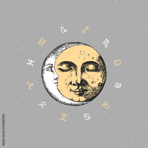 Zodiac circle, Moon and Crescent, vector drawings.