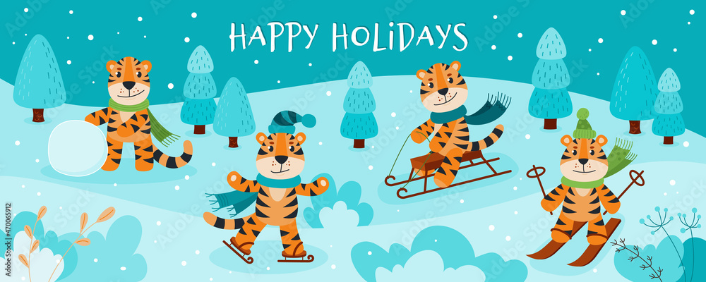 Vector cute Tigers are the symbol of 2022. Funny Tigers play winter games: skiing, sledding, ice skating, sculpting a snowman. Tigers new year banner for your design. Set of Tigers. Vector cute Tigers are the symbol of 2022. Funny Tigers play winter games: skiing, sledding, ice skating, sculpting a snowman. Tigers new year banner for your design. Set of Tigers.