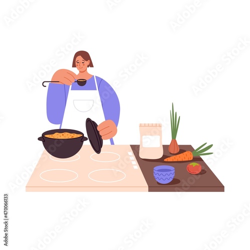 Woman cooking soup and tasting it. Person in apron cook food on cooker at home kitchen. Female preparing dish from vegetables for dinner. Flat vector illustration isolated on white background