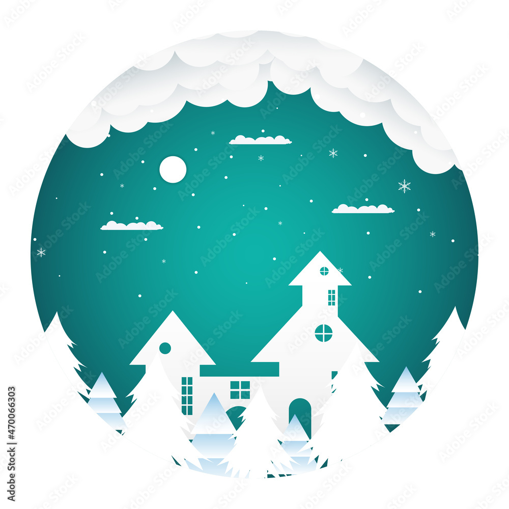 Christmas background with paper art with santa house and snowflakes with moon and santa house